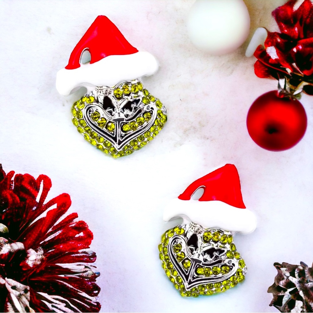 GRINCH EARRINGS! GRINGH EARRINGS W/SPARKLING ZIRCONS & STERLING SILVER POST!